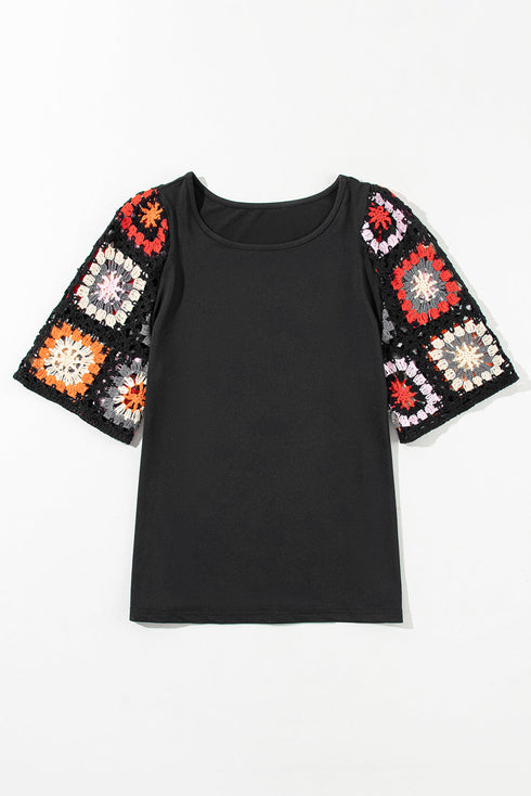 Floral Pattern Crochet Knit Short Sleeve Top