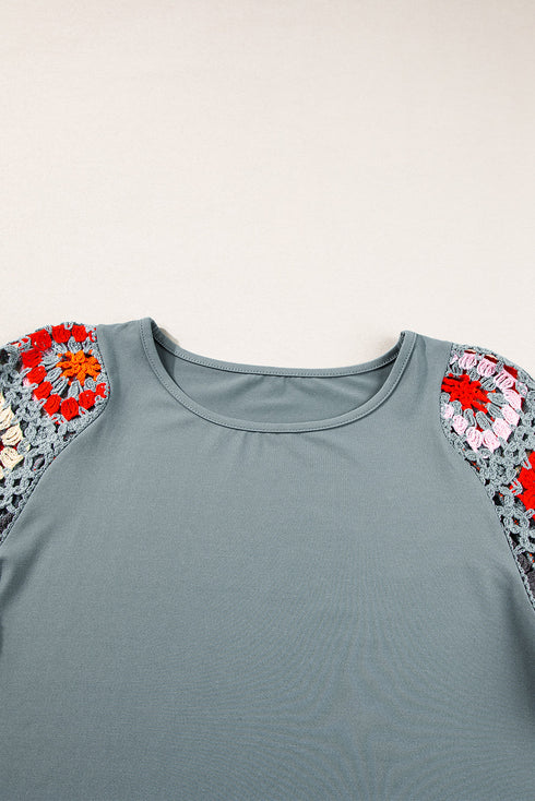 Floral Pattern Crochet Knit Short Sleeve Top