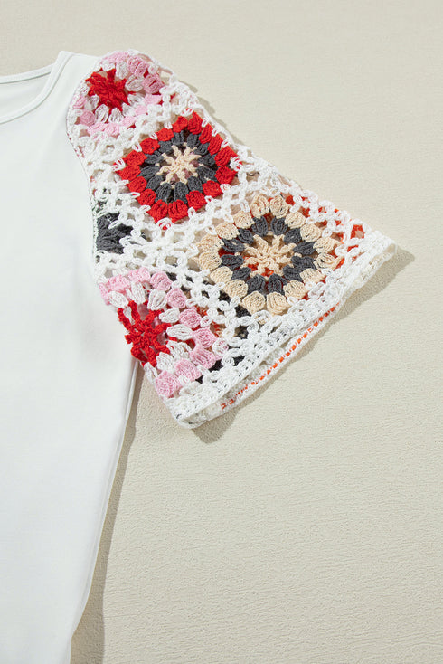 Floral Pattern Crochet Knit Short Sleeve Top
