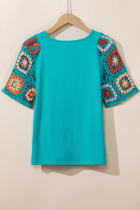 Floral Pattern Crochet Knit Short Sleeve Top