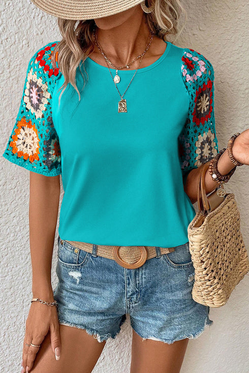 Floral Pattern Crochet Knit Short Sleeve Top