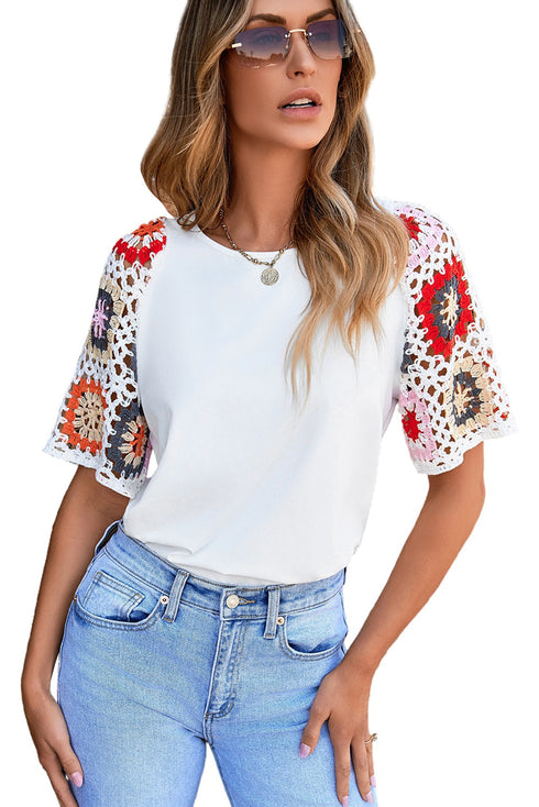 Floral Pattern Crochet Knit Short Sleeve Top