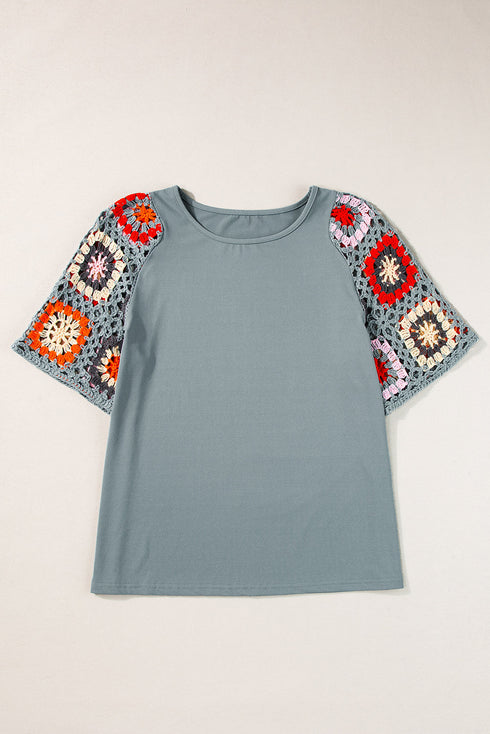Floral Pattern Crochet Knit Short Sleeve Top