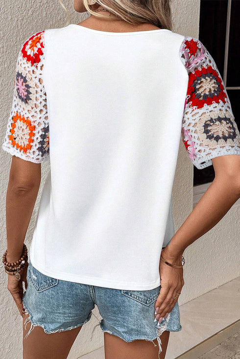 Floral Pattern Crochet Knit Short Sleeve Top