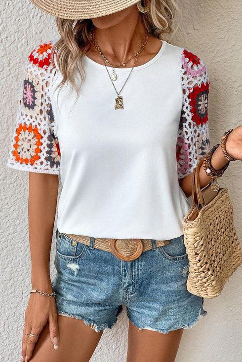 Floral Pattern Crochet Knit Short Sleeve Top