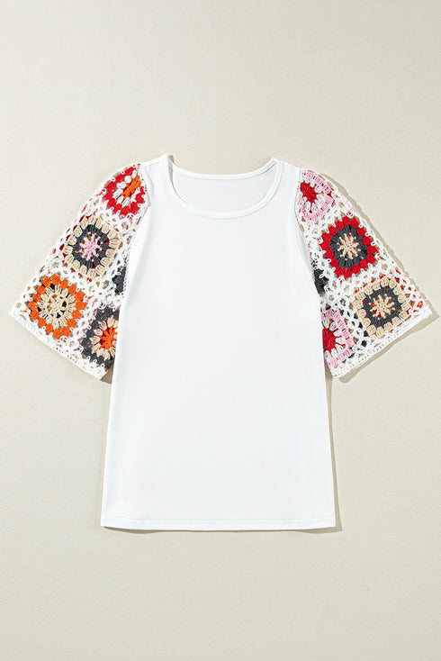 Floral Pattern Crochet Knit Short Sleeve Top