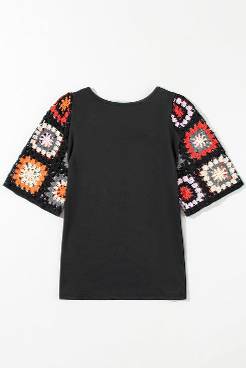 Floral Pattern Crochet Knit Short Sleeve Top