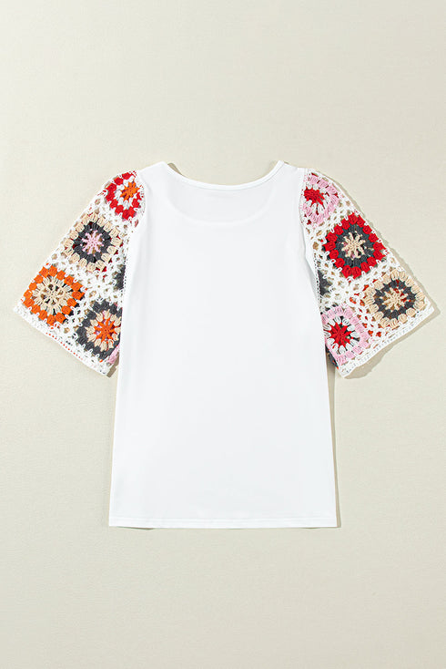 Floral Pattern Crochet Knit Short Sleeve Top