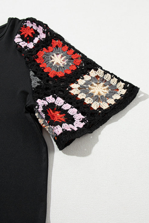 Floral Pattern Crochet Knit Short Sleeve Top