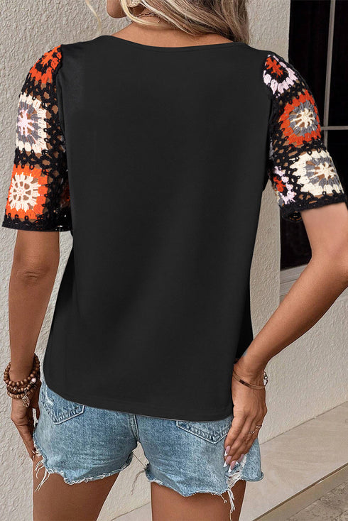 Floral Pattern Crochet Knit Short Sleeve Top