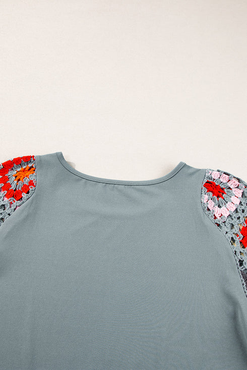 Floral Pattern Crochet Knit Short Sleeve Top