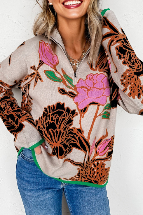 Floral Pattern Knit Quarter Zip Stand Collar Sweater