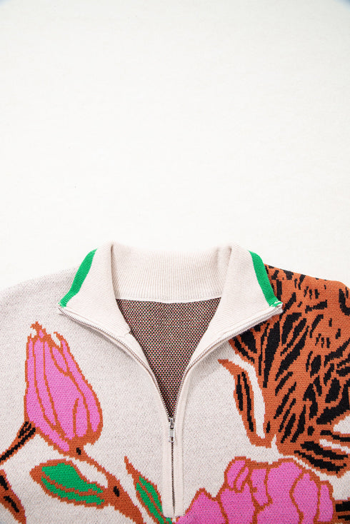 Floral Pattern Knit Quarter Zip Stand Collar Sweater