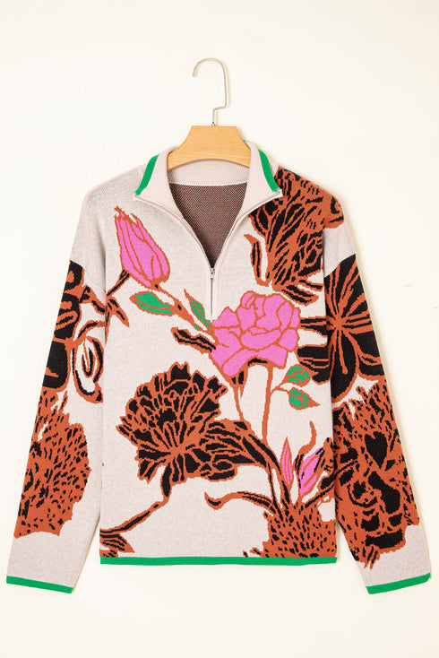 Floral Pattern Knit Quarter Zip Stand Collar Sweater