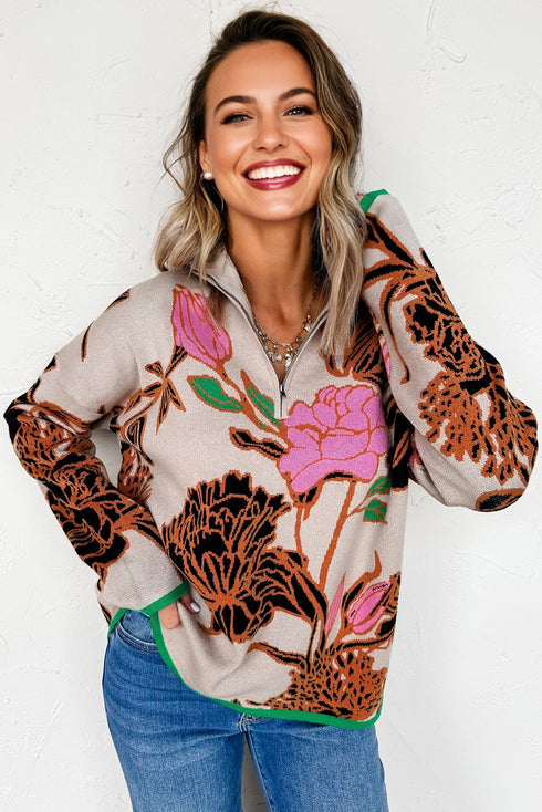 Floral Pattern Knit Quarter Zip Stand Collar Sweater