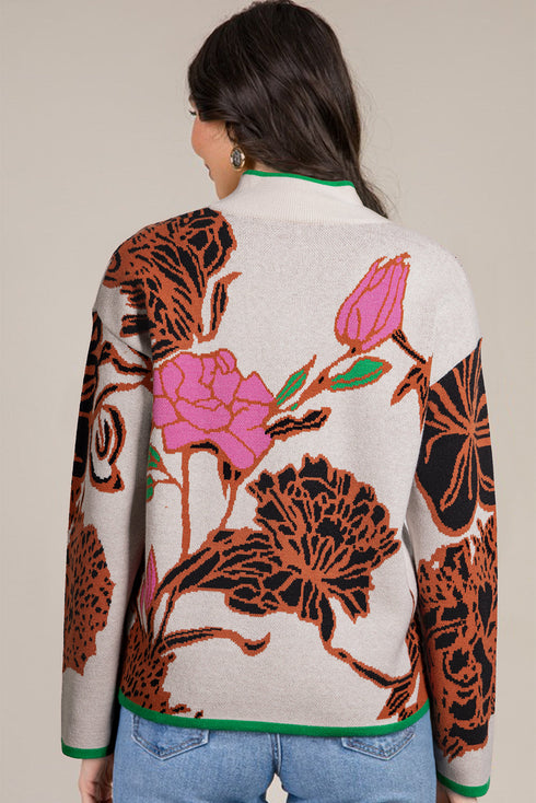 Floral Pattern Knit Quarter Zip Stand Collar Sweater