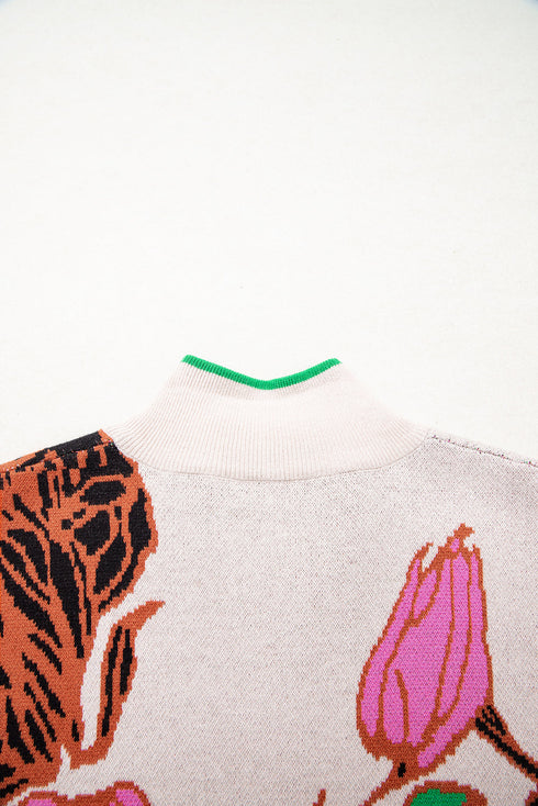 Floral Pattern Knit Quarter Zip Stand Collar Sweater