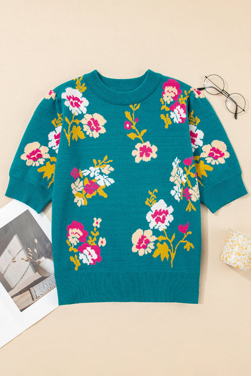 Floral Pattern Mock Neck Short Sleeve Knit Sweater