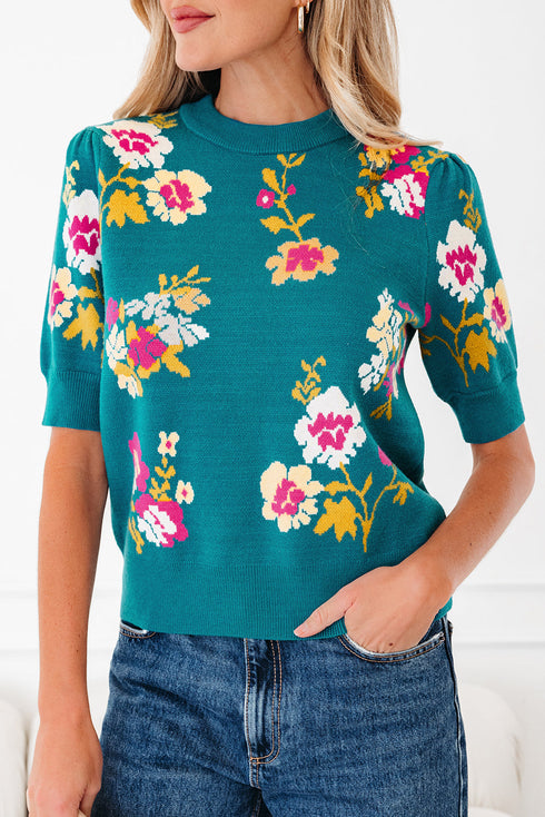 Floral Pattern Mock Neck Short Sleeve Knit Sweater