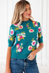 Floral Pattern Mock Neck Short Sleeve Knit Sweater