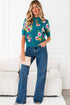 Floral Pattern Mock Neck Short Sleeve Knit Sweater