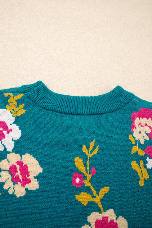 Floral Pattern Mock Neck Short Sleeve Knit Sweater