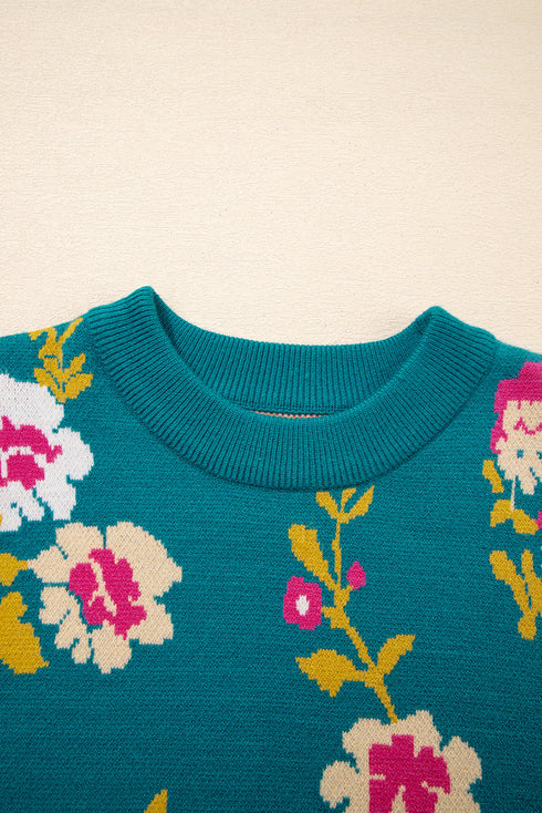 Floral Pattern Mock Neck Short Sleeve Knit Sweater