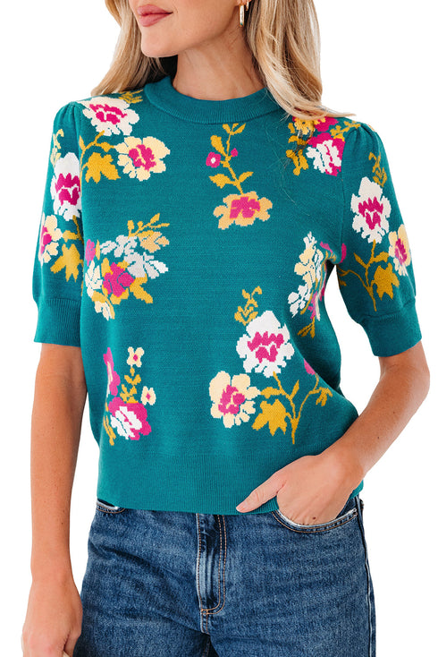Floral Pattern Mock Neck Short Sleeve Knit Sweater