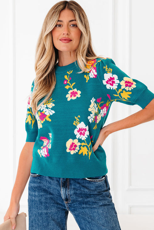 Floral Pattern Mock Neck Short Sleeve Knit Sweater