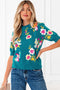 Floral Pattern Mock Neck Short Sleeve Knit Sweater