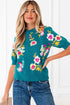 Floral Pattern Mock Neck Short Sleeve Knit Sweater