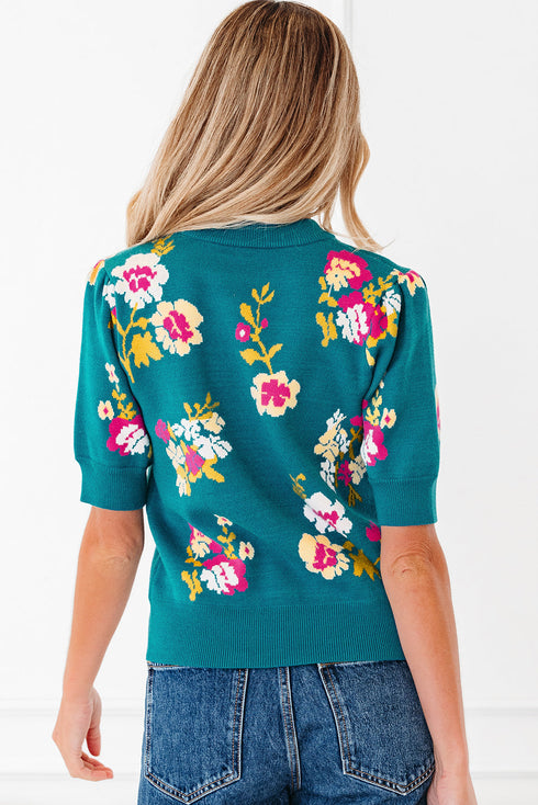 Floral Pattern Mock Neck Short Sleeve Knit Sweater