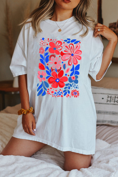 Floral Pattern Round Neck Half Sleeve Oversized Graphic T-Shirt