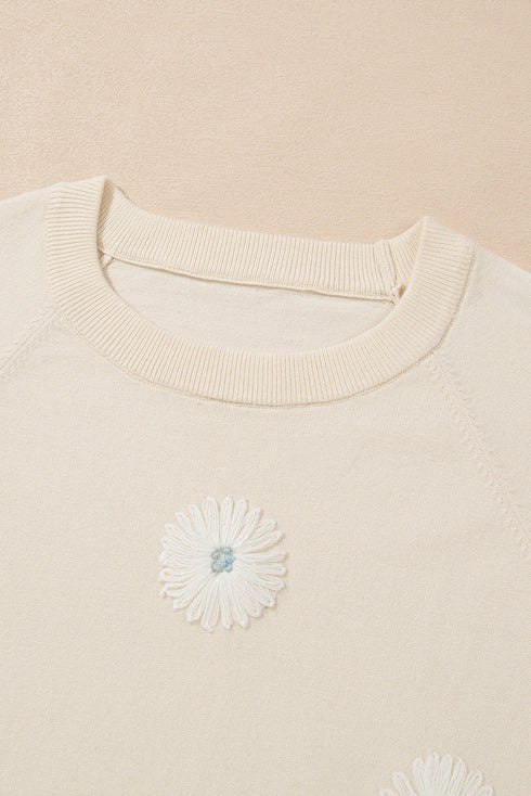 Floral Pattern Short Puff Sleeve Knit Sweater