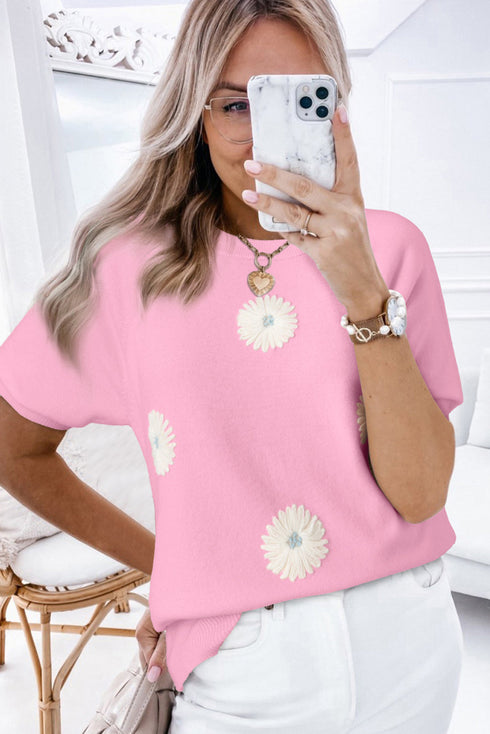 Floral Pattern Short Puff Sleeve Knit Sweater
