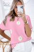Floral Pattern Short Puff Sleeve Knit Sweater