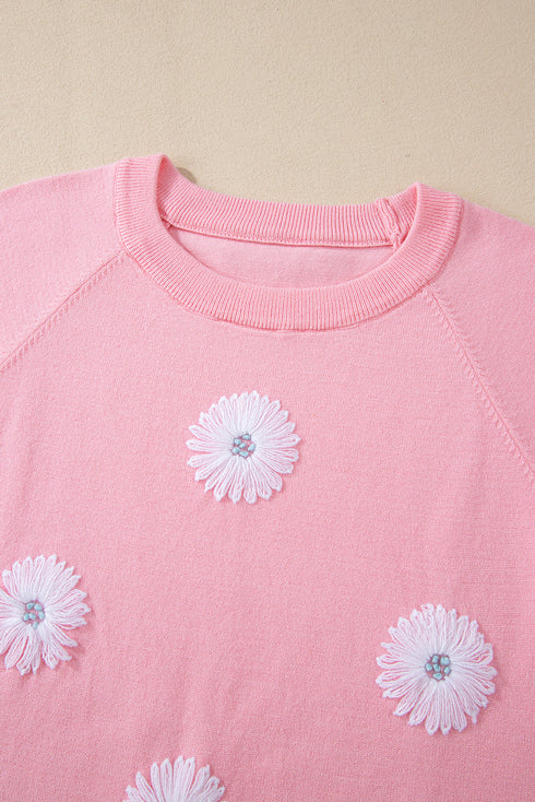 Floral Pattern Short Puff Sleeve Knit Sweater