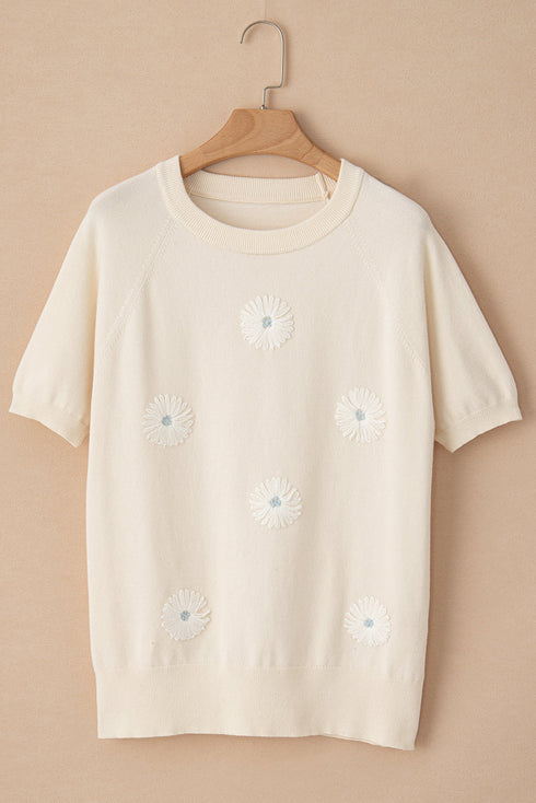 Floral Pattern Short Puff Sleeve Knit Sweater