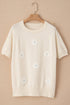 Floral Pattern Short Puff Sleeve Knit Sweater
