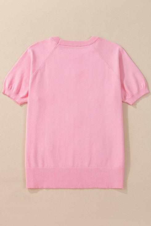 Floral Pattern Short Puff Sleeve Knit Sweater