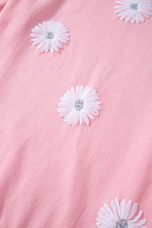 Floral Pattern Short Puff Sleeve Knit Sweater