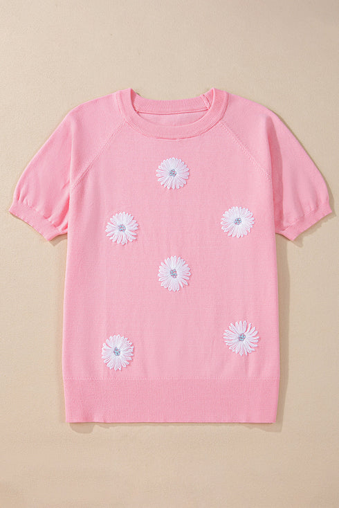 Floral Pattern Short Puff Sleeve Knit Sweater