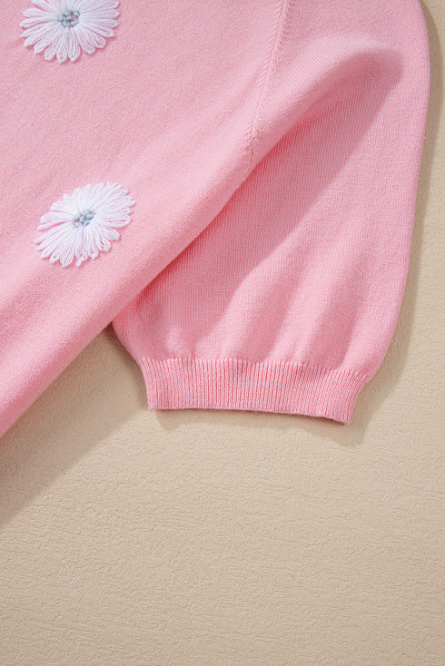 Floral Pattern Short Puff Sleeve Knit Sweater