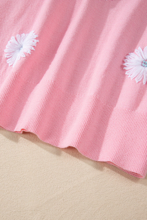 Floral Pattern Short Puff Sleeve Knit Sweater