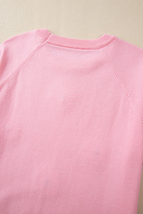 Floral Pattern Short Puff Sleeve Knit Sweater