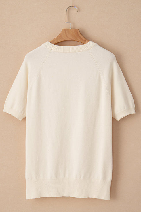Floral Pattern Short Puff Sleeve Knit Sweater