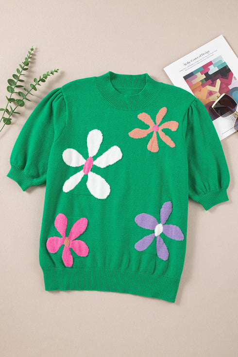 Floral Pattern Short Sleeve Crew Neck Knit Sweater