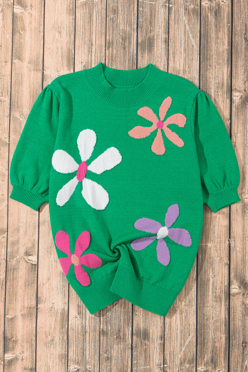 Floral Pattern Short Sleeve Crew Neck Knit Sweater