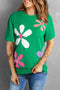 Floral Pattern Short Sleeve Crew Neck Knit Sweater