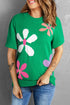 Floral Pattern Short Sleeve Crew Neck Knit Sweater